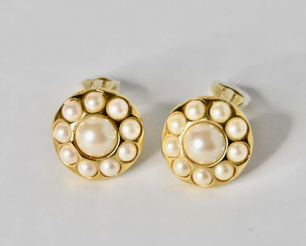 Givenchy Vintage Faux Etruscan Pearl Gold Plated Clip-On Earrings